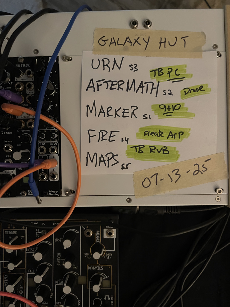 Set list taped to modular rig